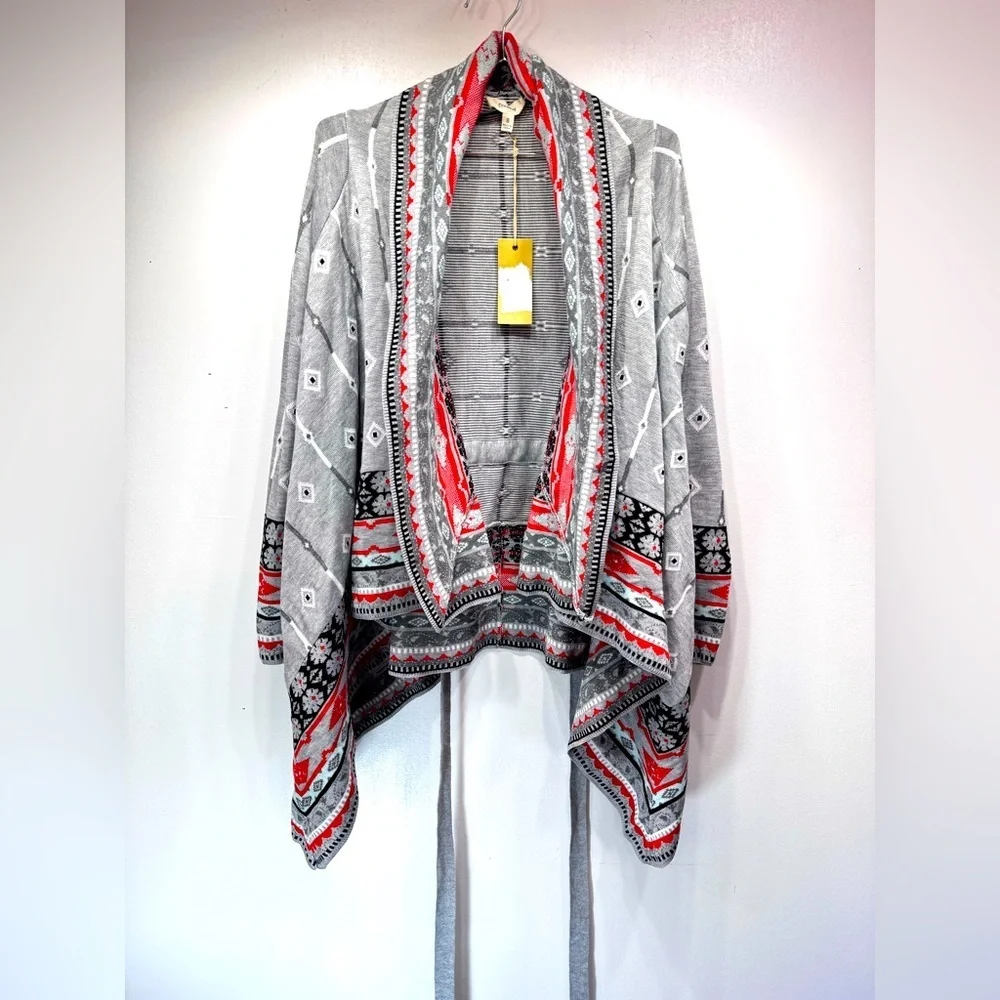 Freeway Southwestern Aztec Print Gray Belted Wrap Asymmetric Hem Draped Front